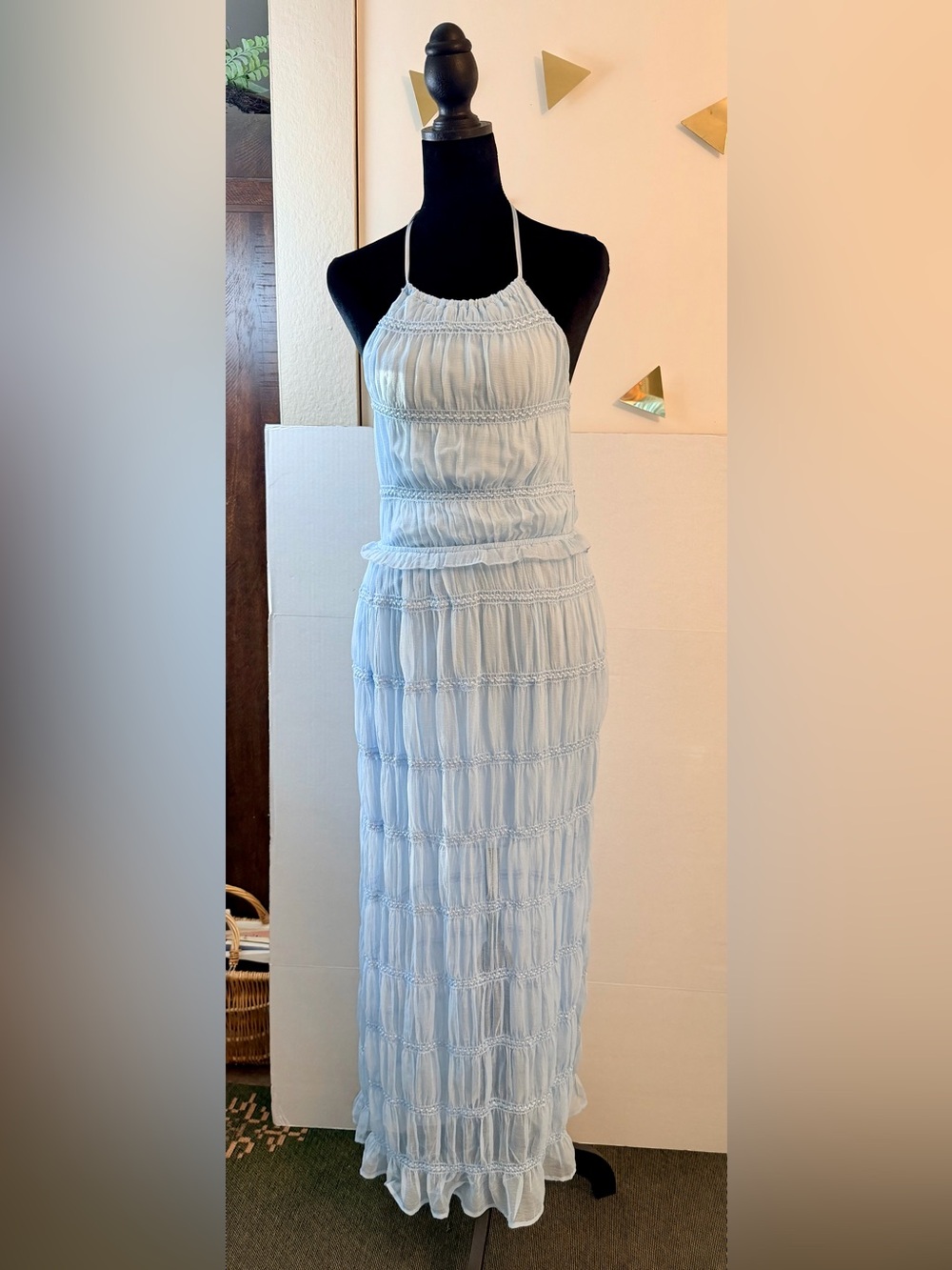 Thirty Thirty Light Blue Halter Neck Tiered Pleated Chiffon Maxi Dress Size M